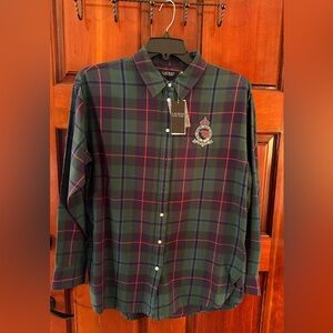 Lauren Ralph Lauren NWT Green & Red Plaid Button Down Shirt Tunic Size Large